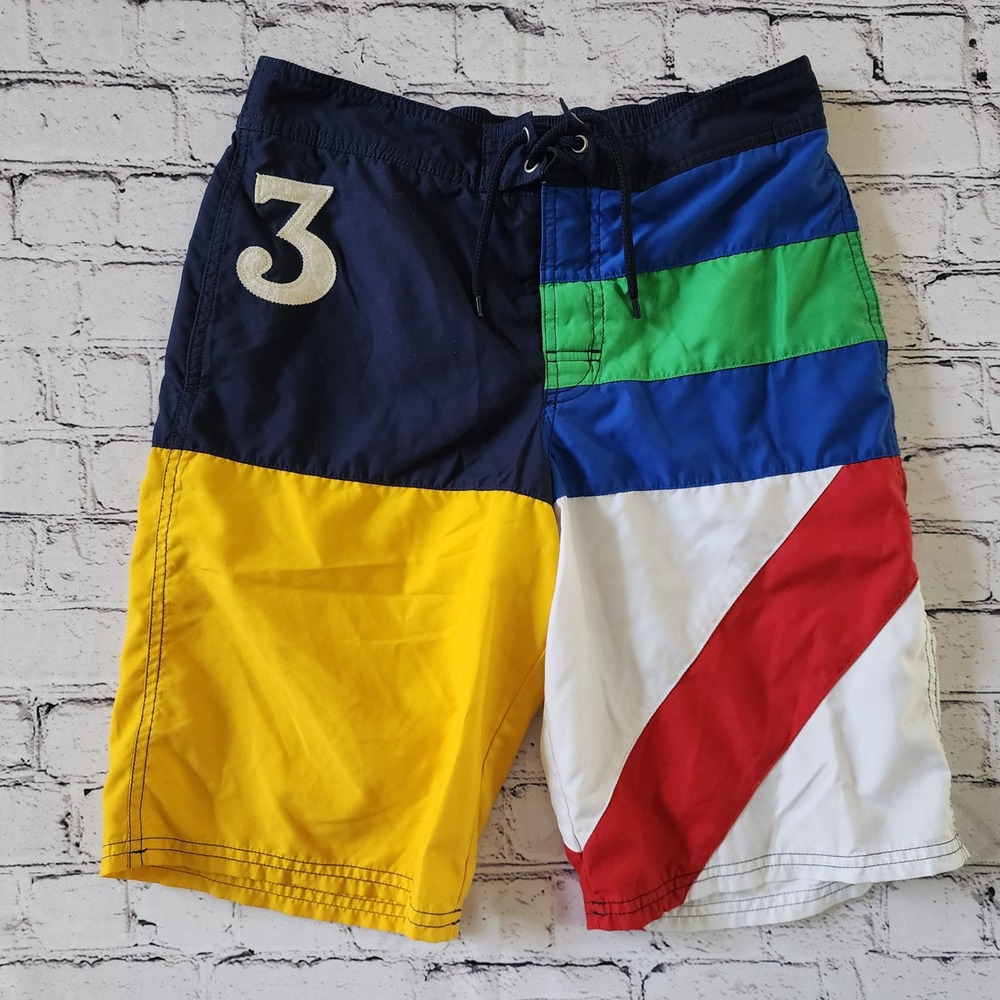 Polo Ralph Lauren Kids Size L 14-16 Colorblock Swim Trunks Navy Yellow Multi